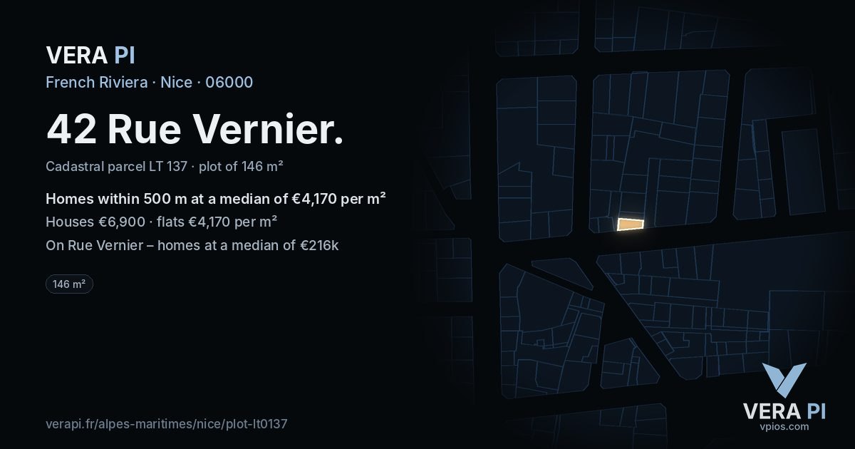 42 Rue Vernier, Nice at night – the plot lit, the parcels around coloured by the prices near them