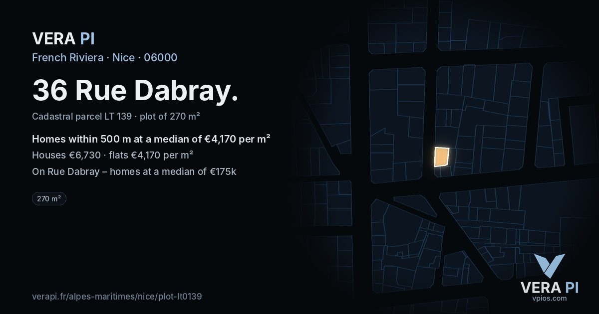 36 Rue Dabray, Nice at night – the plot lit, the parcels around coloured by the prices near them