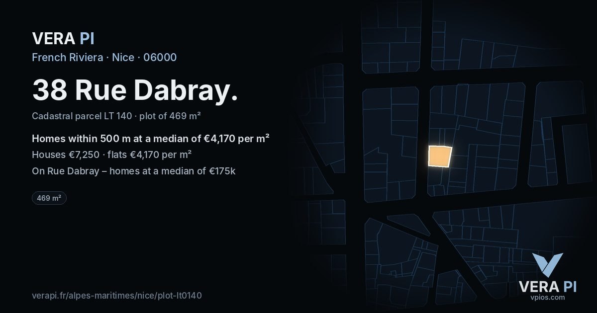 38 Rue Dabray, Nice at night – the plot lit, the parcels around coloured by the prices near them