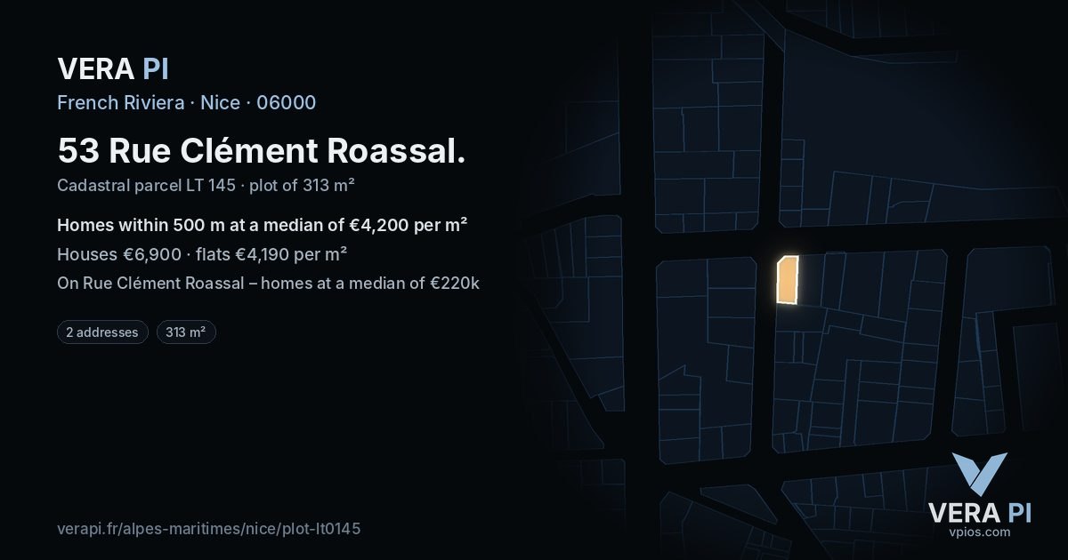 53 Rue Clément Roassal, Nice at night – the plot lit, the parcels around coloured by the prices near them