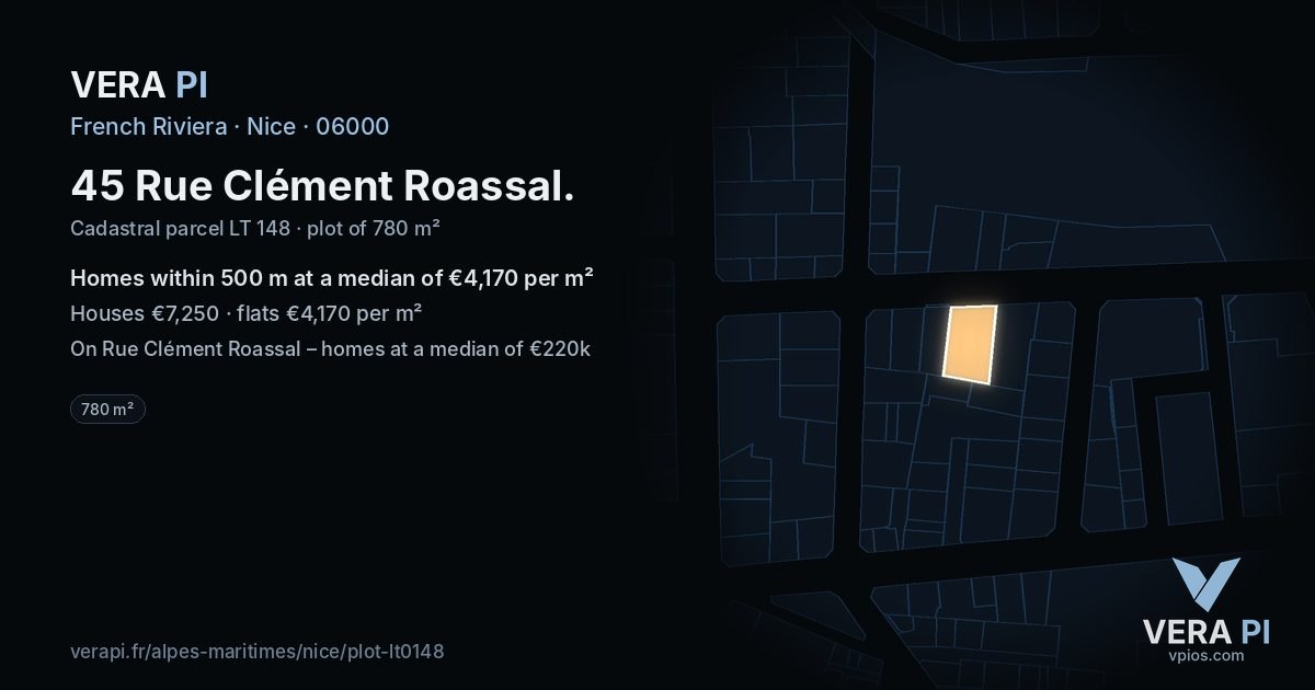 45 Rue Clément Roassal, Nice at night – the plot lit, the parcels around coloured by the prices near them
