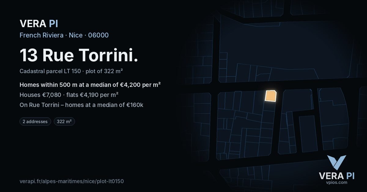13 Rue Torrini, Nice at night – the plot lit, the parcels around coloured by the prices near them