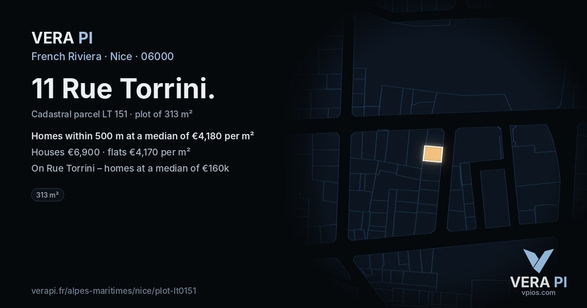 11 Rue Torrini, Nice at night – the plot lit, the parcels around coloured by the prices near them