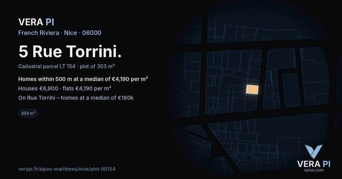 5 Rue Torrini, Nice at night – the plot lit, the parcels around coloured by the prices near them