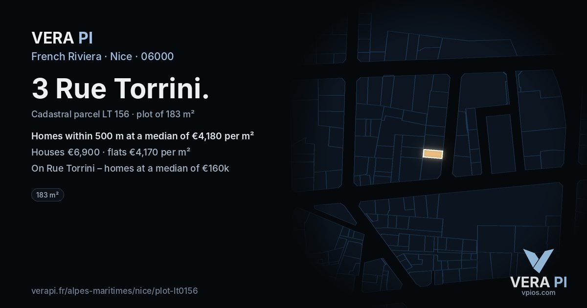 3 Rue Torrini, Nice at night – the plot lit, the parcels around coloured by the prices near them