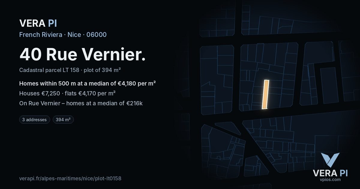 40 Rue Vernier, Nice at night – the plot lit, the parcels around coloured by the prices near them