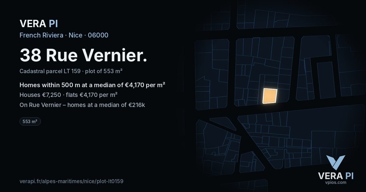 38 Rue Vernier, Nice at night – the plot lit, the parcels around coloured by the prices near them