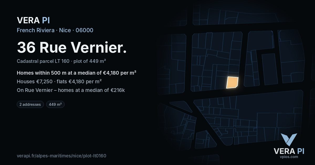 36 Rue Vernier, Nice at night – the plot lit, the parcels around coloured by the prices near them