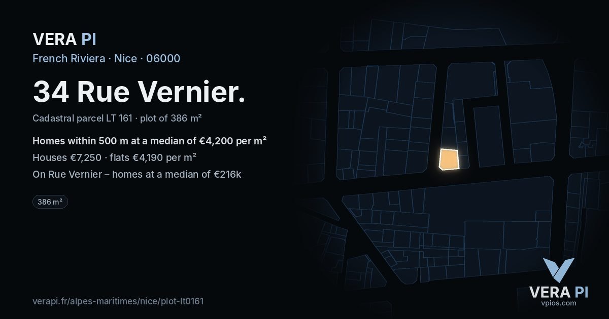 34 Rue Vernier, Nice at night – the plot lit, the parcels around coloured by the prices near them
