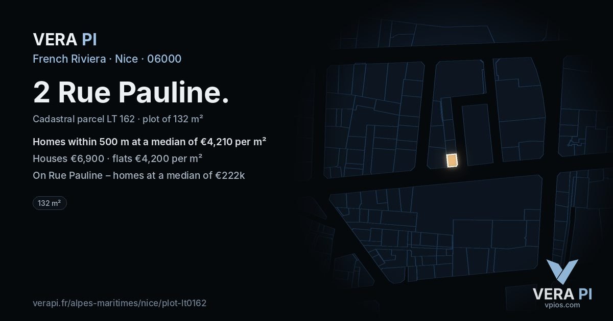 2 Rue Pauline, Nice at night – the plot lit, the parcels around coloured by the prices near them