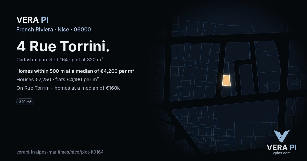 4 Rue Torrini, Nice at night – the plot lit, the parcels around coloured by the prices near them