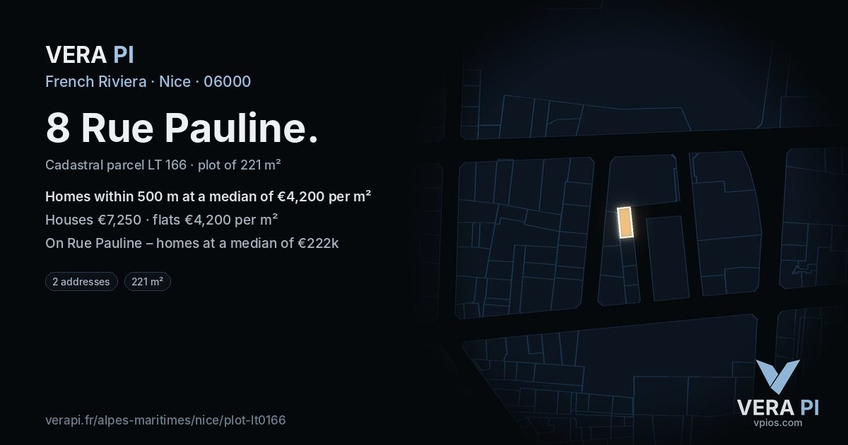 8 Rue Pauline, Nice at night – the plot lit, the parcels around coloured by the prices near them