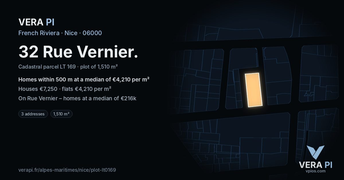 32 Rue Vernier, Nice at night – the plot lit, the parcels around coloured by the prices near them