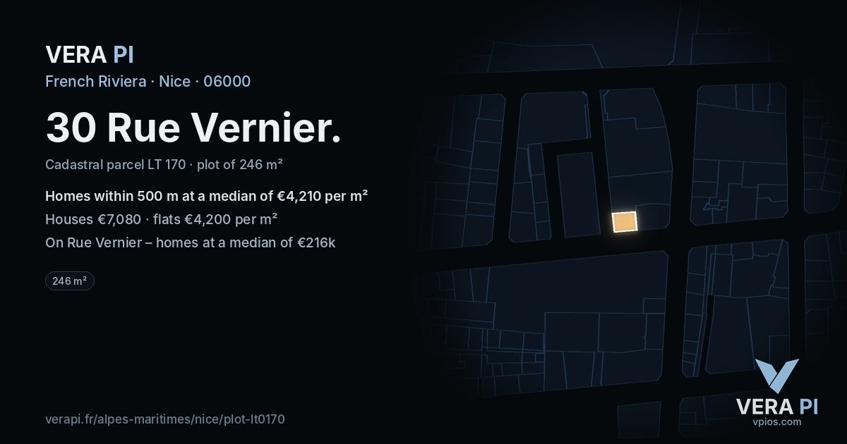 30 Rue Vernier, Nice at night – the plot lit, the parcels around coloured by the prices near them
