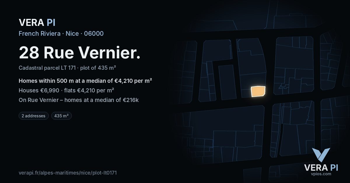 28 Rue Vernier, Nice at night – the plot lit, the parcels around coloured by the prices near them