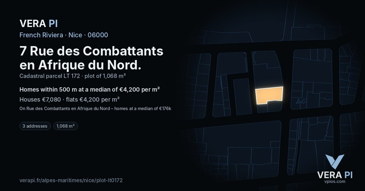 7 Rue des Combattants en Afrique du Nord, Nice at night – the plot lit, the parcels around coloured by the prices near them