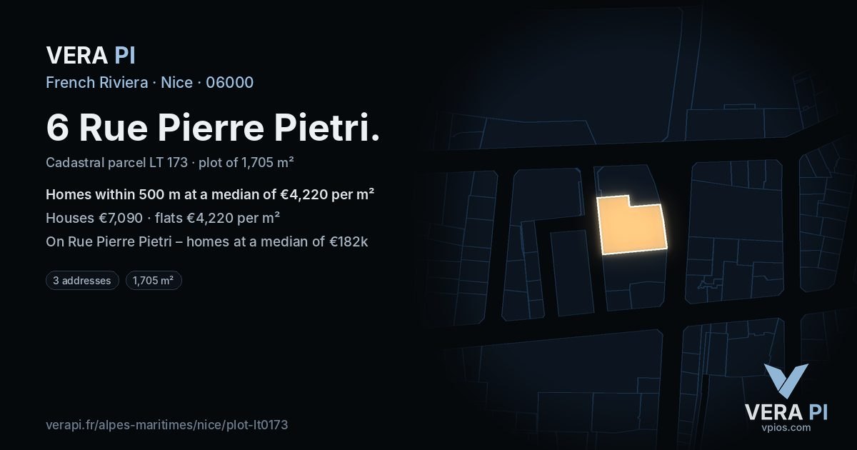 6 Rue Pierre Pietri, Nice at night – the plot lit, the parcels around coloured by the prices near them