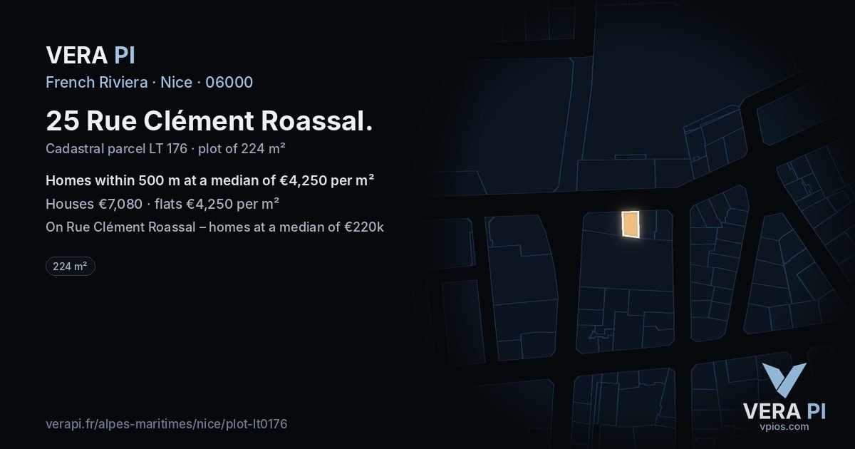 25 Rue Clément Roassal, Nice at night – the plot lit, the parcels around coloured by the prices near them