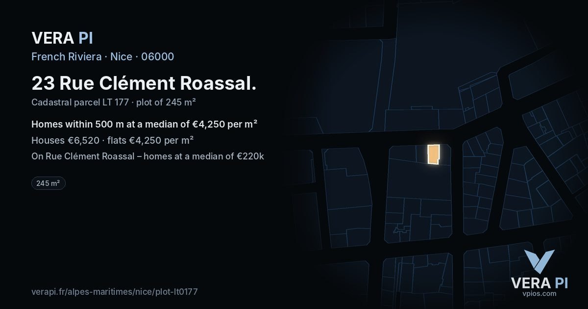 23 Rue Clément Roassal, Nice at night – the plot lit, the parcels around coloured by the prices near them