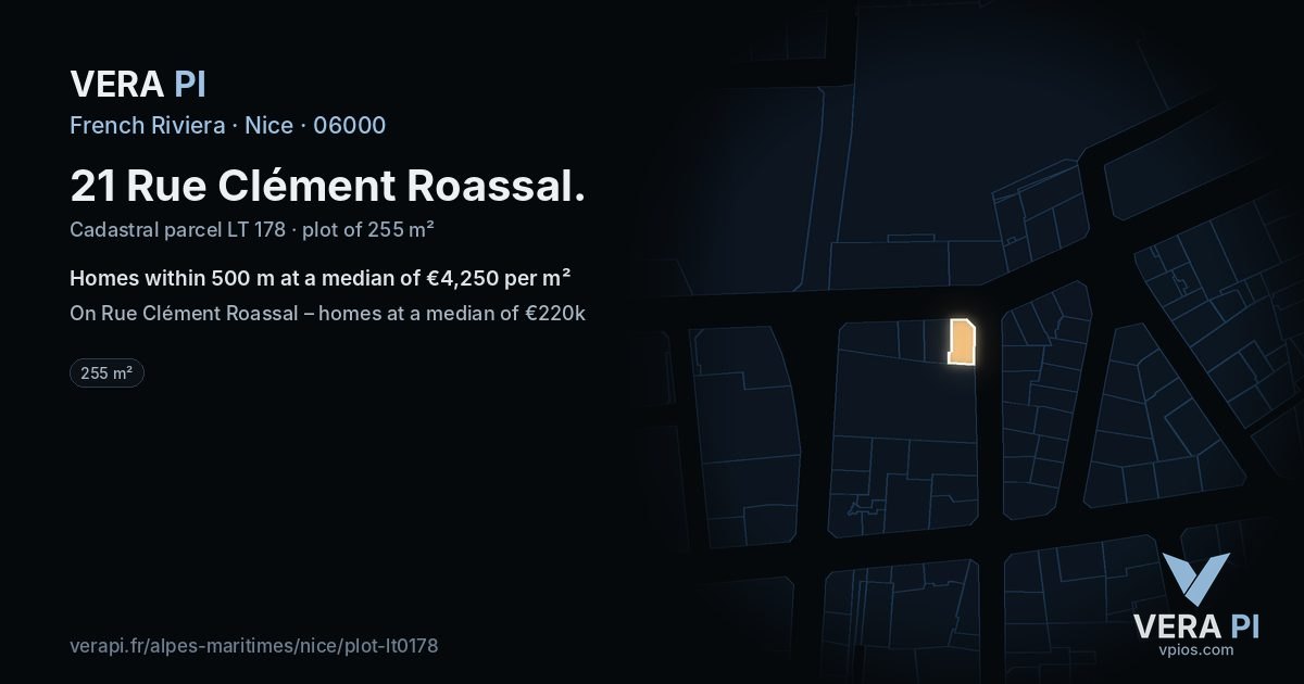 21 Rue Clément Roassal, Nice at night – the plot lit, the parcels around coloured by the prices near them