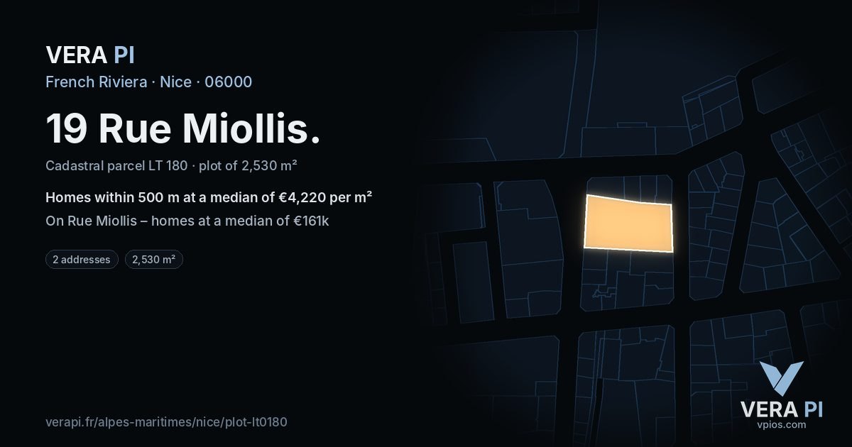 19 Rue Miollis, Nice at night – the plot lit, the parcels around coloured by the prices near them