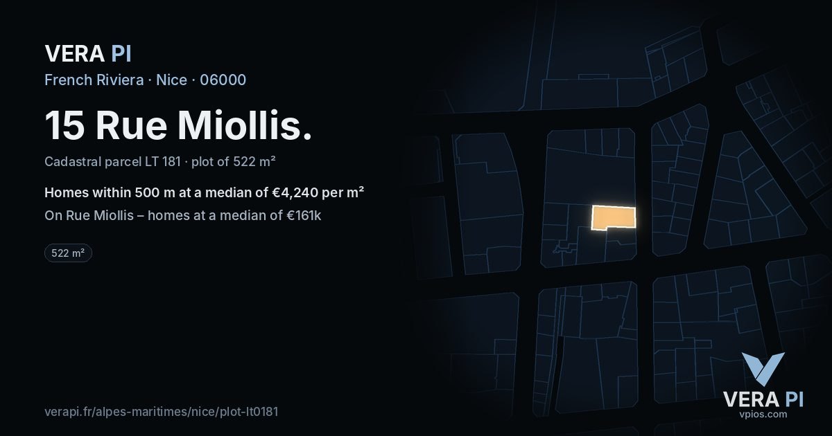 15 Rue Miollis, Nice at night – the plot lit, the parcels around coloured by the prices near them