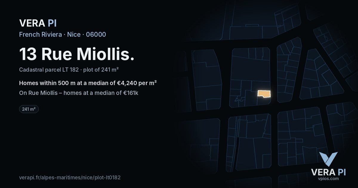 13 Rue Miollis, Nice at night – the plot lit, the parcels around coloured by the prices near them
