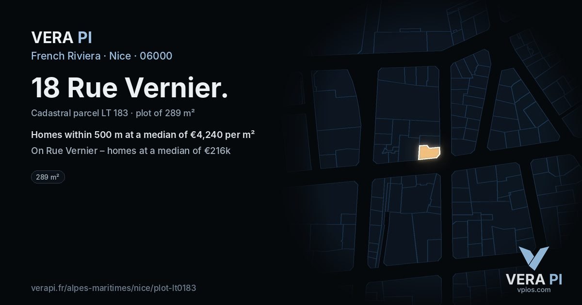 18 Rue Vernier, Nice at night – the plot lit, the parcels around coloured by the prices near them