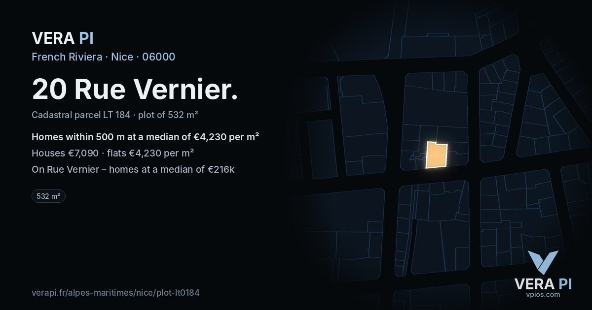 20 Rue Vernier, Nice at night – the plot lit, the parcels around coloured by the prices near them