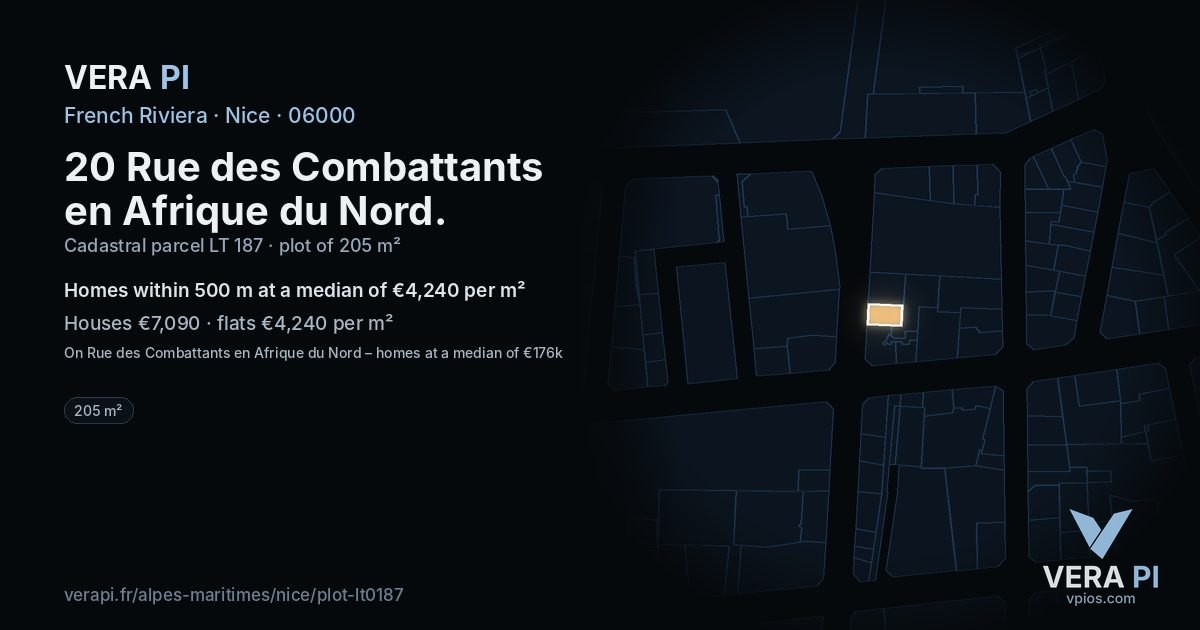 20 Rue des Combattants en Afrique du Nord, Nice at night – the plot lit, the parcels around coloured by the prices near them