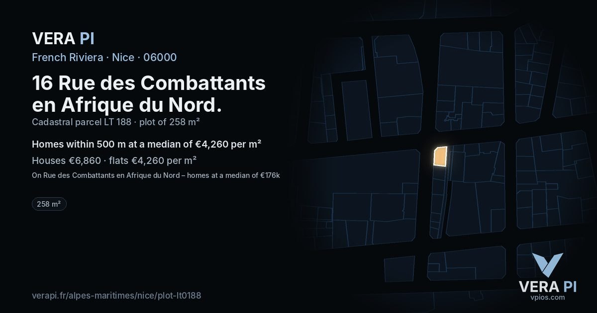 16 Rue des Combattants en Afrique du Nord, Nice at night – the plot lit, the parcels around coloured by the prices near them