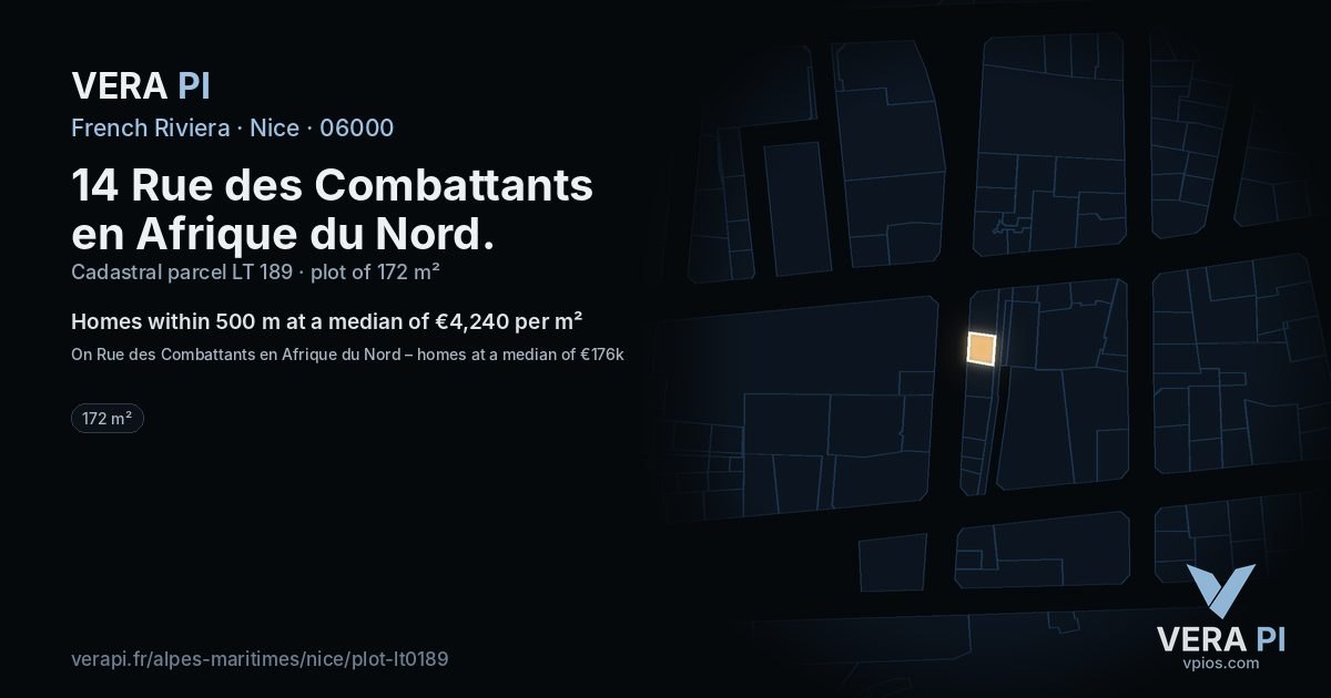 14 Rue des Combattants en Afrique du Nord, Nice at night – the plot lit, the parcels around coloured by the prices near them