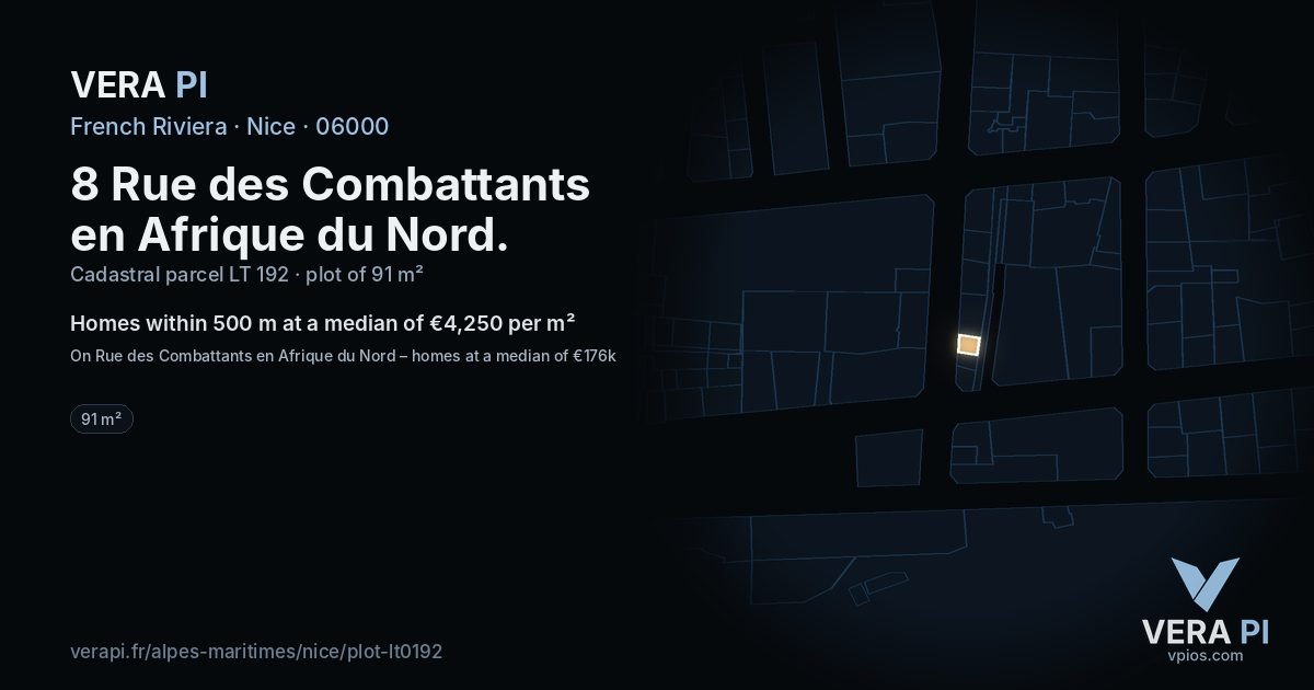 8 Rue des Combattants en Afrique du Nord, Nice at night – the plot lit, the parcels around coloured by the prices near them
