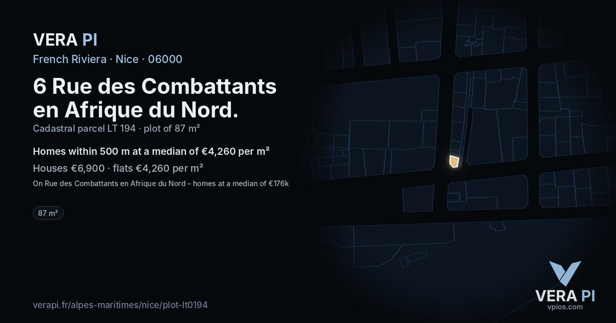 6 Rue des Combattants en Afrique du Nord, Nice at night – the plot lit, the parcels around coloured by the prices near them