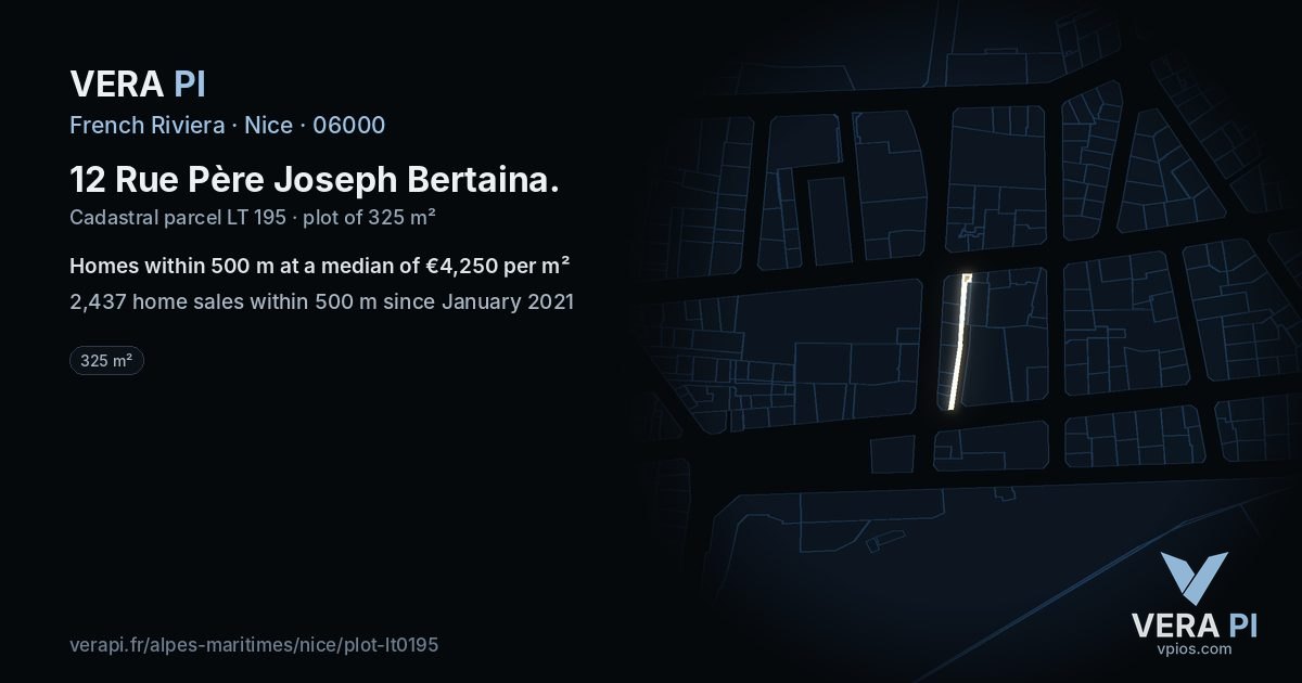 12 Rue Père Joseph Bertaina, Nice at night – the plot lit, the parcels around coloured by the prices near them