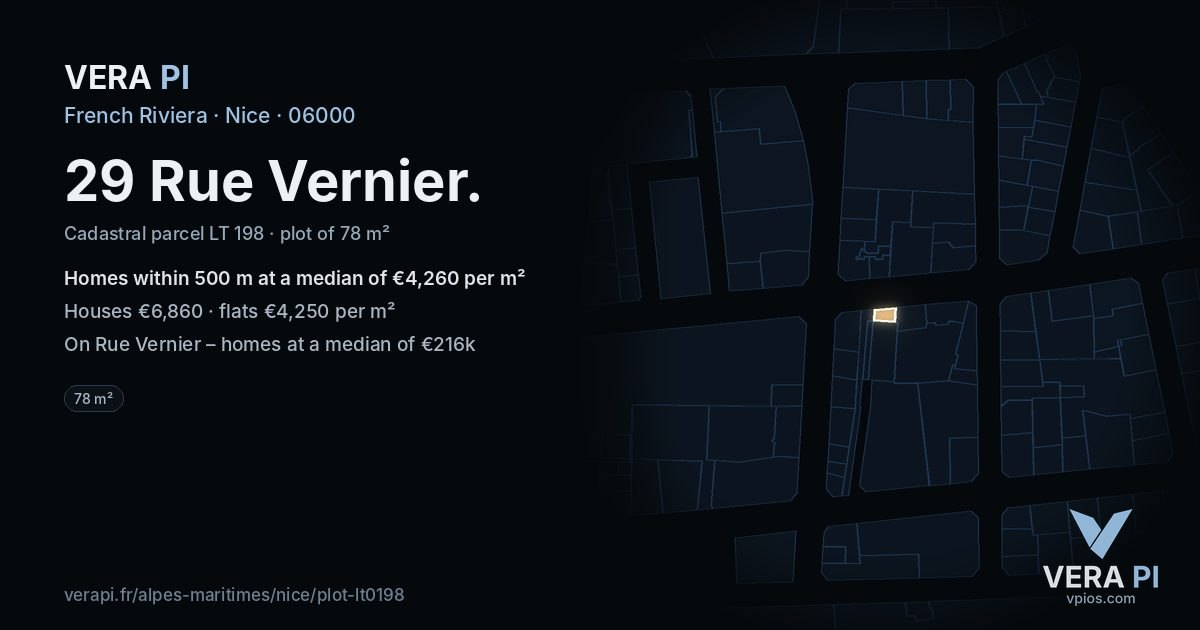 29 Rue Vernier, Nice at night – the plot lit, the parcels around coloured by the prices near them