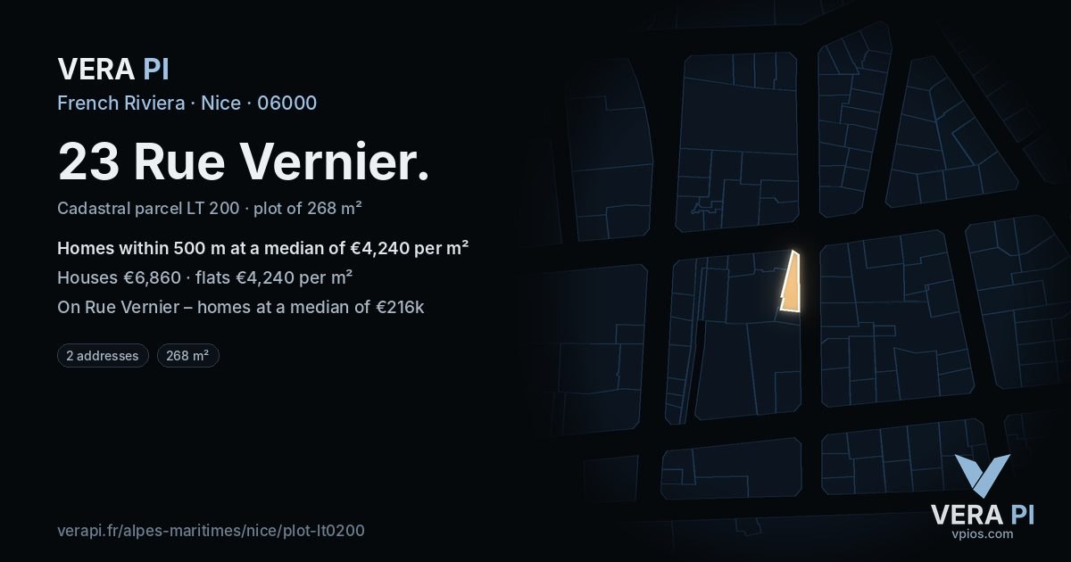 23 Rue Vernier, Nice at night – the plot lit, the parcels around coloured by the prices near them