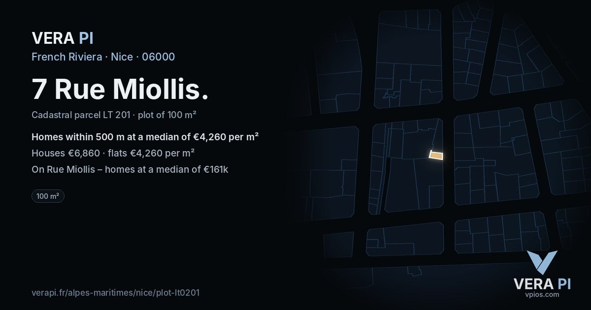 7 Rue Miollis, Nice at night – the plot lit, the parcels around coloured by the prices near them