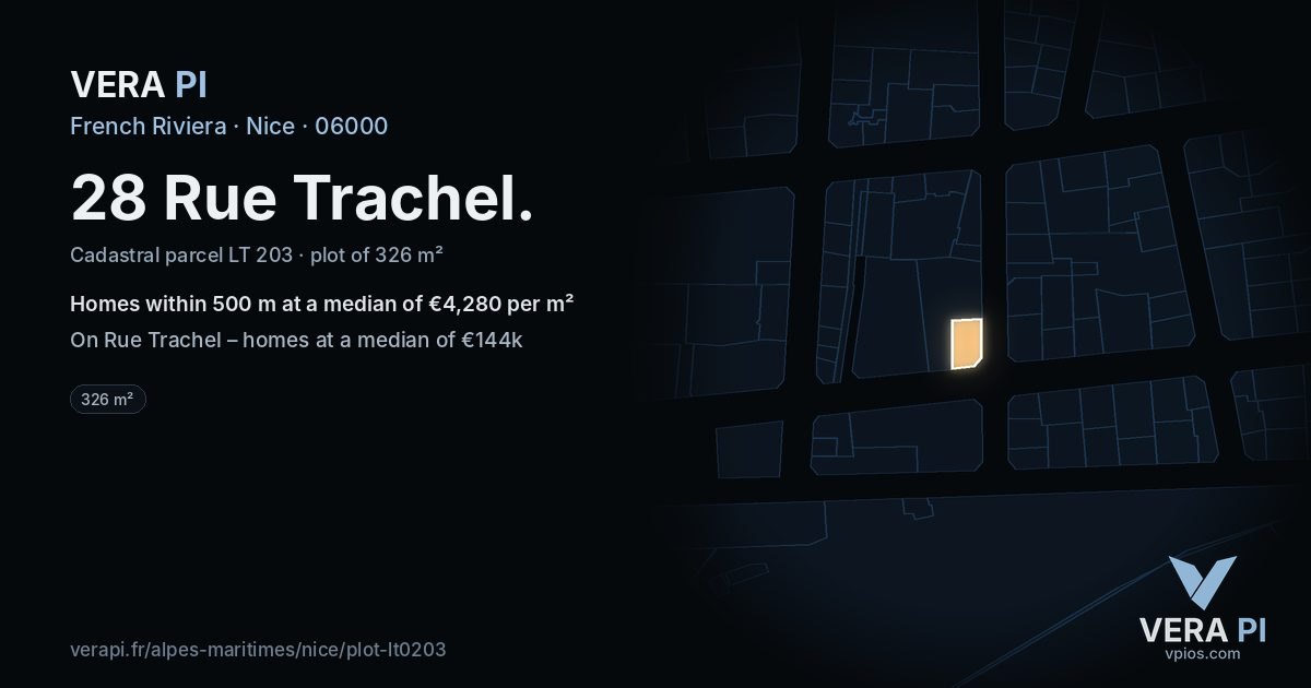 28 Rue Trachel, Nice at night – the plot lit, the parcels around coloured by the prices near them