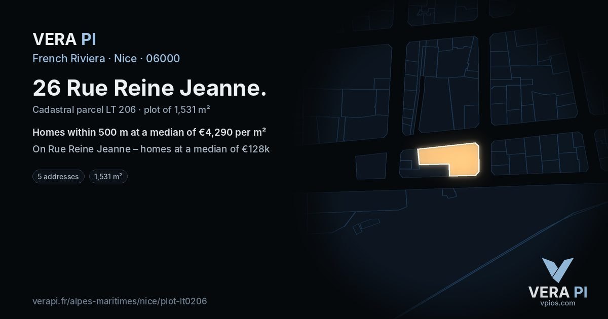 26 Rue Reine Jeanne, Nice at night – the plot lit, the parcels around coloured by the prices near them