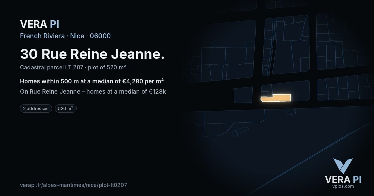 30 Rue Reine Jeanne, Nice at night – the plot lit, the parcels around coloured by the prices near them