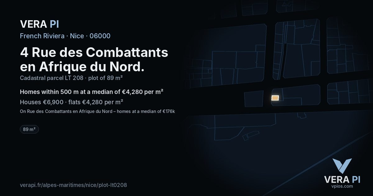 4 Rue des Combattants en Afrique du Nord, Nice at night – the plot lit, the parcels around coloured by the prices near them