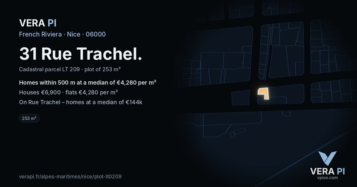 31 Rue Trachel, Nice at night – the plot lit, the parcels around coloured by the prices near them