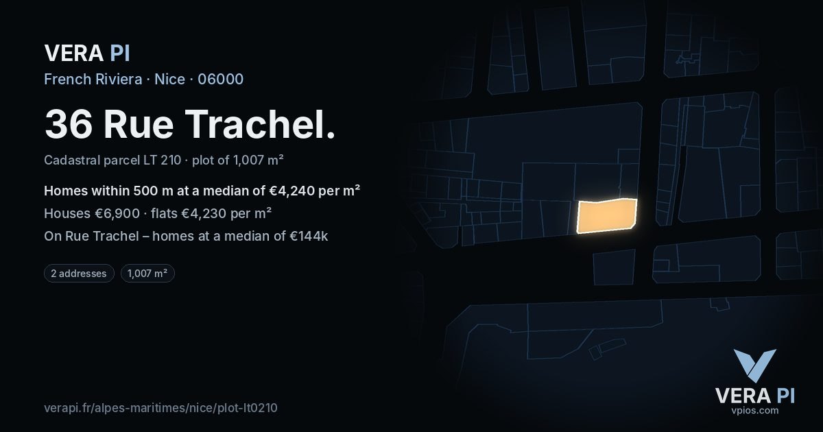 36 Rue Trachel, Nice at night – the plot lit, the parcels around coloured by the prices near them
