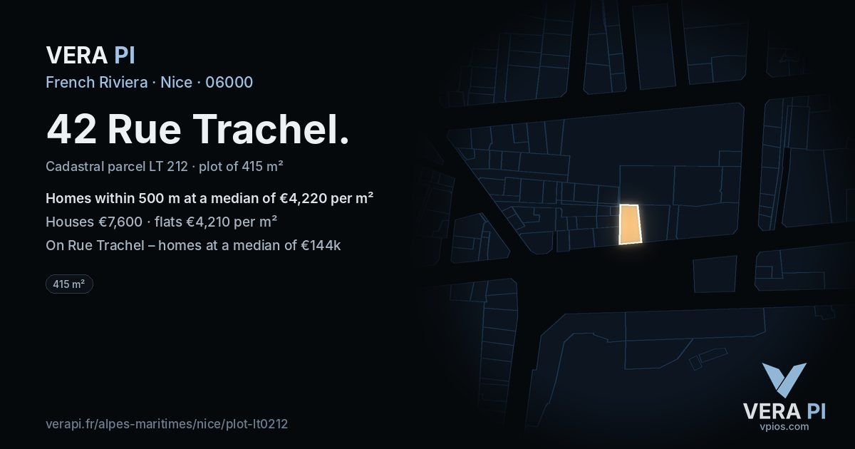 42 Rue Trachel, Nice at night – the plot lit, the parcels around coloured by the prices near them