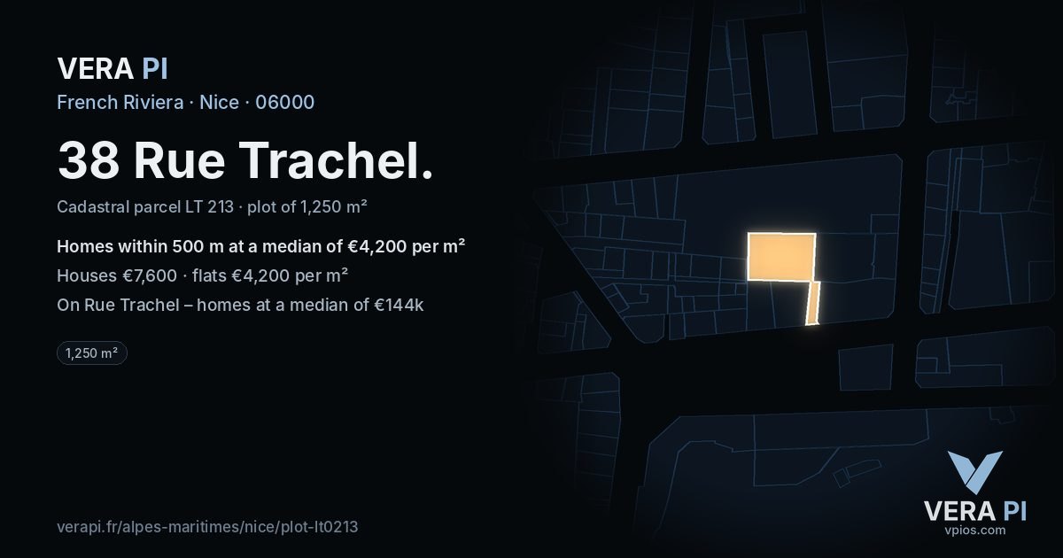38 Rue Trachel, Nice at night – the plot lit, the parcels around coloured by the prices near them