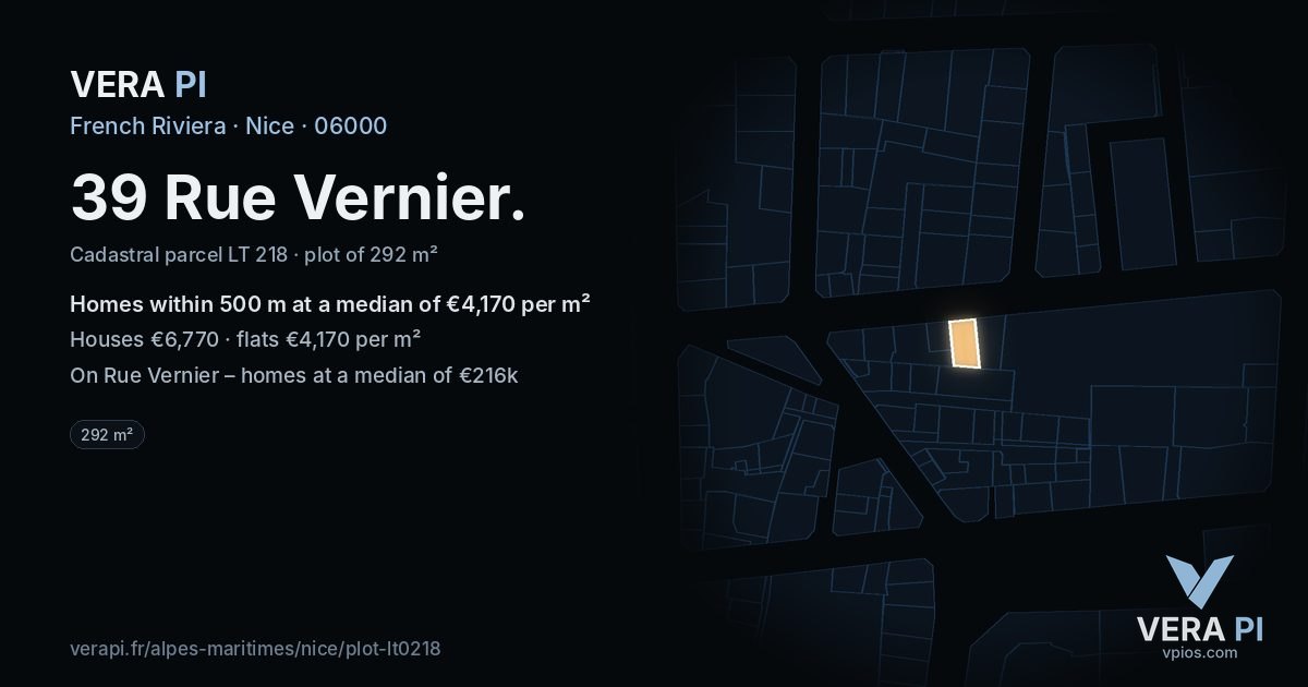 39 Rue Vernier, Nice at night – the plot lit, the parcels around coloured by the prices near them
