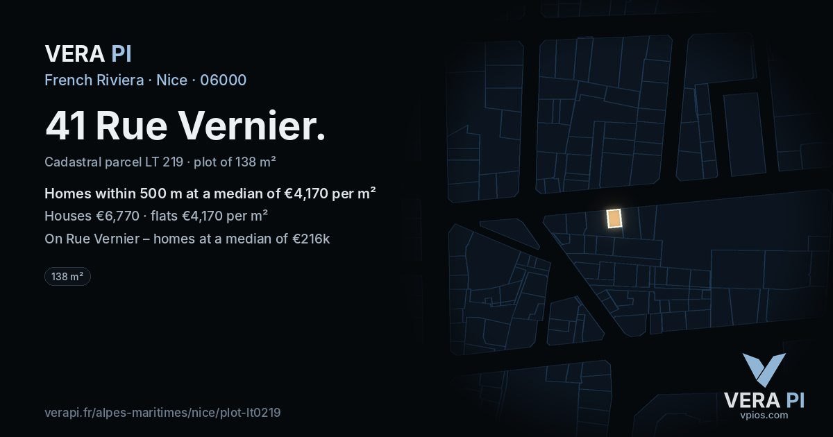 41 Rue Vernier, Nice at night – the plot lit, the parcels around coloured by the prices near them
