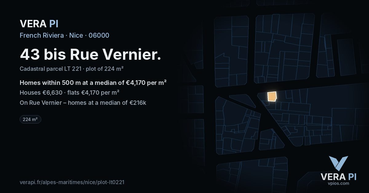 43 bis Rue Vernier, Nice at night – the plot lit, the parcels around coloured by the prices near them
