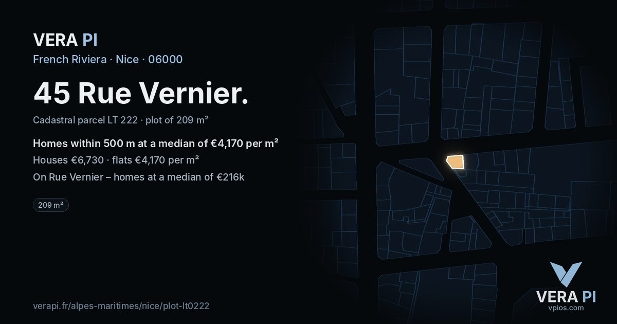 45 Rue Vernier, Nice at night – the plot lit, the parcels around coloured by the prices near them